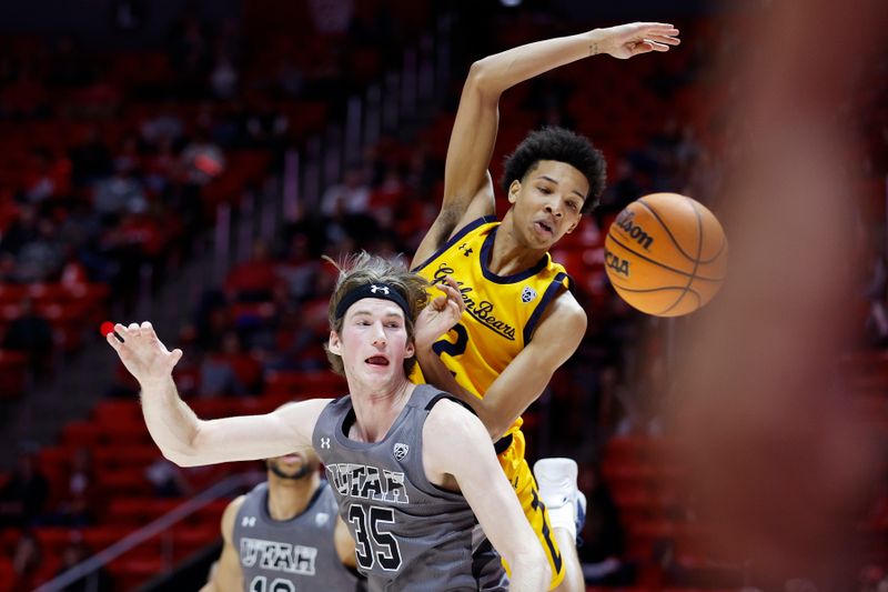 Feb 5, 2023; Salt Lake City, Utah, USA; Utah Utes center Branden Carlson (35) and California Golden Bears forward Monty Bowser (2) battle in the first half at Jon M. Huntsman Center. Mandatory Credit: Jeffrey Swinger-USA TODAY Sports