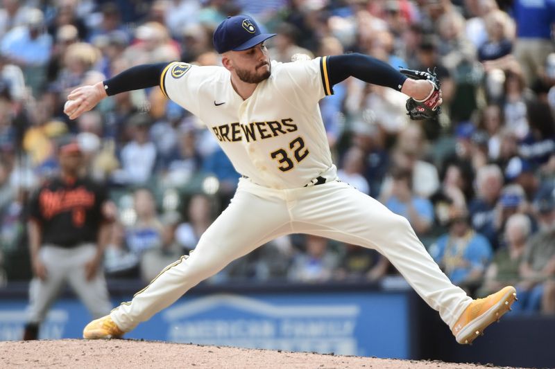 Jun 8, 2023; Milwaukee, Wisconsin, USA; Milwaukee Brewers pitcher Peter Strzelecki (32) pitches against the Baltimore Orioles in the eighth inning at American Family Field. Mandatory Credit: Benny Sieu-USA TODAY Sports