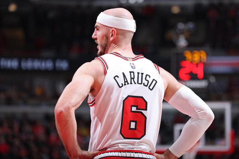 CHICAGO, IL - FEBRUARY 6: Alex Caruso #6 of the Chicago Bulls looks on during the game against the Minnesota Timberwolves on February 6, 2024 at United Center in Chicago, Illinois. NOTE TO USER: User expressly acknowledges and agrees that, by downloading and or using this photograph, User is consenting to the terms and conditions of the Getty Images License Agreement. Mandatory Copyright Notice: Copyright 2024 NBAE (Photo by Jeff Haynes/NBAE via Getty Images)