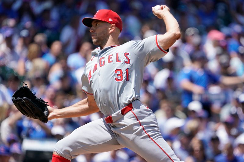 Jul 6, 2024; Chicago, Illinois, USA; Los Angeles Angels pitcher Tyler Anderson (31) throws the ball against the Chicago Cubs during the first inning at Wrigley Field. Mandatory Credit: David Banks-USA TODAY Sports