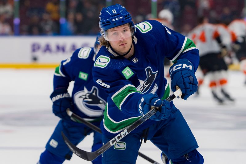 Dec 28, 2023; Vancouver, British Columbia, CAN; Vancouver Canucks forward Brock Boeser (6) shoots during warm up prior to a game against the Philadelphia Flyers at Rogers Arena. Mandatory Credit: Bob Frid-USA TODAY Sports