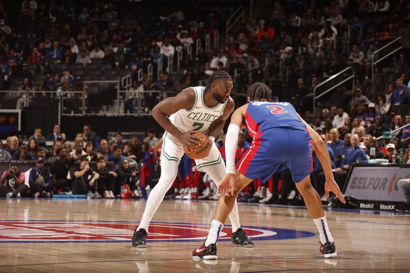 DETROIT, MI - OCTOBER 26: Jaylen Brown #7 of the Boston Celtics handles the ball during the game against the Detroit Pistons during a regular season game on October 26, 2024 at Little Caesars Arena in Detroit, Michigan. NOTE TO USER: User expressly acknowledges and agrees that, by downloading and/or using this photograph, User is consenting to the terms and conditions of the Getty Images License Agreement. Mandatory Copyright Notice: Copyright 2024 NBAE (Photo by Brian Sevald/NBAE via Getty Images)