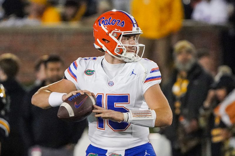 Nov 18, 2023; Columbia, Missouri, USA; Florida Gators quarterback Graham Mertz (15) warms up against the Missouri Tigers prior to a game at Faurot Field at Memorial Stadium. Mandatory Credit: Denny Medley-USA TODAY Sports