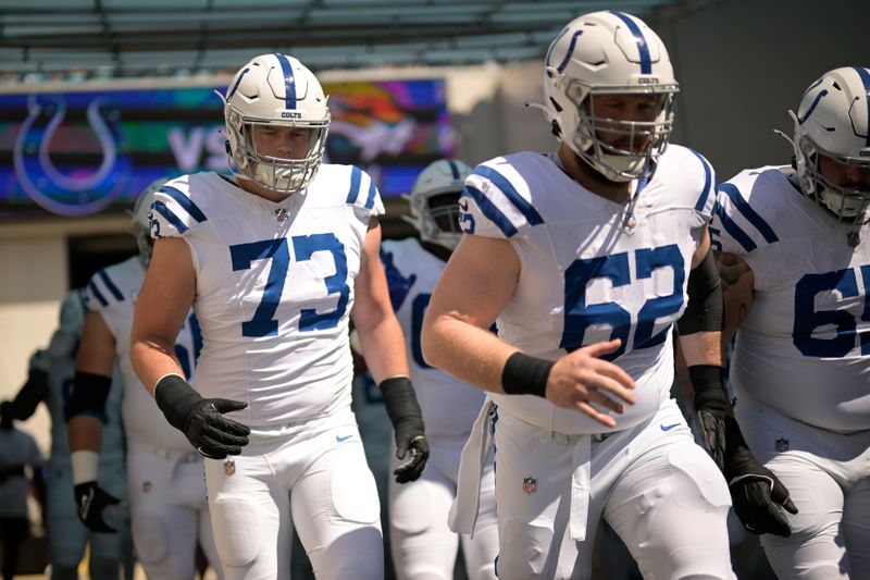 Indianapolis Colts offensive tackle Blake Freeland (73) heads to the field before an NFL football game against the Jacksonville Jaguars, Sunday, Oct. 15, 2023, in Jacksonville, Fla. (AP Photo/Phelan M. Ebenhack)