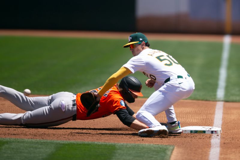 Jul 6, 2024; Oakland, California, USA; Baltimore Orioles shortstop Gunnar Henderson (2) dives safely back into first as Oakland Athletics first baseman Armando Alvarez (50) on a pickoff play during the first inning at Oakland-Alameda County Coliseum. Mandatory Credit: D. Ross Cameron-USA TODAY Sports