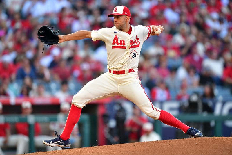 Jul 1, 2023; Anaheim, California, USA; Los Angeles Angels starting pitcher Tyler Anderson (31) throws against the Arizona Diamondbacks during the first inning at Angel Stadium. Mandatory Credit: Gary A. Vasquez-USA TODAY Sports