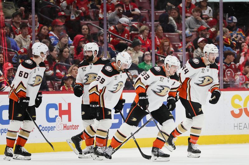 Jan 15, 2024; Sunrise, Florida, USA; Anaheim Ducks right wing Jakob Silfverberg (33) looks on after scoring against the Florida Panthers during the second period at Amerant Bank Arena. Mandatory Credit: Sam Navarro-USA TODAY Sports