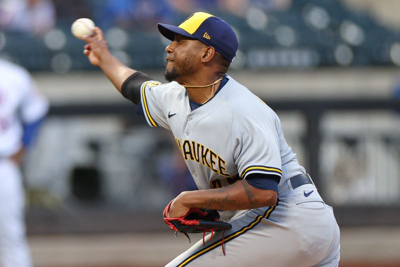 Jun 27, 2023; New York City, New York, USA; Milwaukee Brewers starting pitcher Julio Teheran (49) delivers a pitch during the first inning New York Mets at Citi Field. Mandatory Credit: Vincent Carchietta-USA TODAY Sports