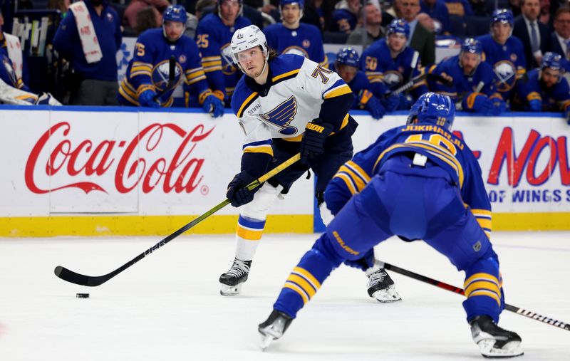 Feb 10, 2024; Buffalo, New York, USA;  Buffalo Sabres defenseman Henri Jokiharju (10) looks to block a pass by \St. Louis Blues center Oskar Sundqvist (70) during the third period at KeyBank Center. Mandatory Credit: Timothy T. Ludwig-USA TODAY Sports