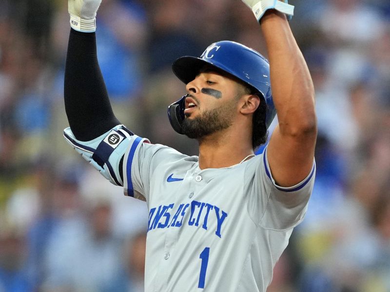 Jun 15, 2024; Los Angeles, California, USA; Kansas City Royals left fielder MJ Melendez (1) celebrates after hitting a grand slam home run in the sixth inning against the Los Angeles Dodgers at Dodger Stadium. Mandatory Credit: Kirby Lee-USA TODAY Sports