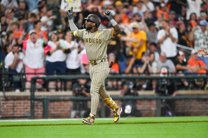 Jul 26, 2024; Baltimore, Maryland, USA; San Diego Padres outfielder Jurickson Profar (10) celebrates his two run ninth inning home run against the Baltimore Orioles  at Oriole Park at Camden Yards. Mandatory Credit: Tommy Gilligan-USA TODAY Sports