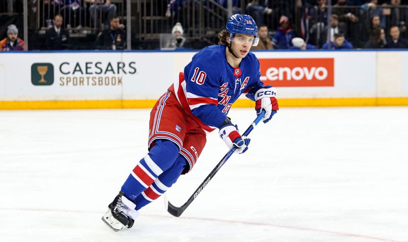 Jan 18, 2025; New York, New York, USA; New York Rangers left wing Artemi Panarin (10) skates against the Columbus Blue Jackets during the second period at Madison Square Garden. Mandatory Credit: Danny Wild-Imagn Images