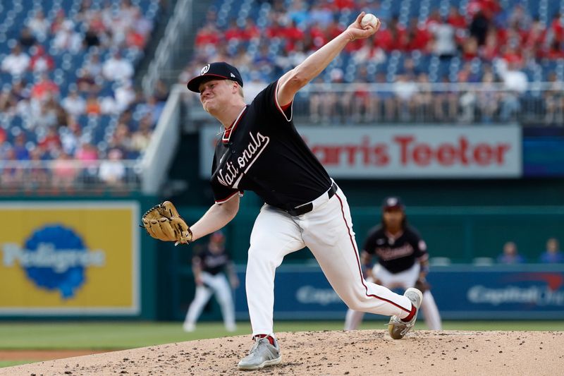 Jun 4, 2024; Washington, District of Columbia, USA; Washington Nationals starting pitcher D J Herz (74) pitches against the New York Mets during the third inning at Nationals Park. Mandatory Credit: Geoff Burke-USA TODAY Sports