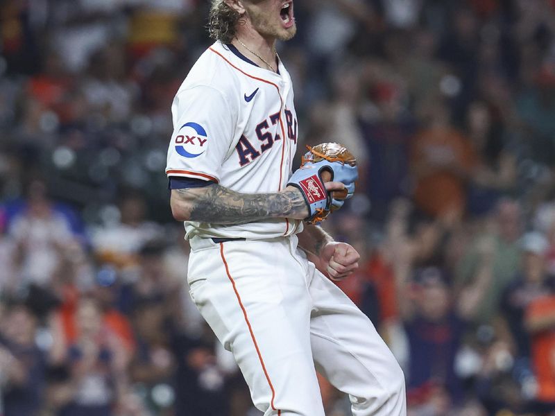 May 21, 2024; Houston, Texas, USA; Houston Astros relief pitcher Josh Hader (71) reacts after getting a strikeout during the tenth inning against the Los Angeles Angels at Minute Maid Park. Mandatory Credit: Troy Taormina-USA TODAY Sports