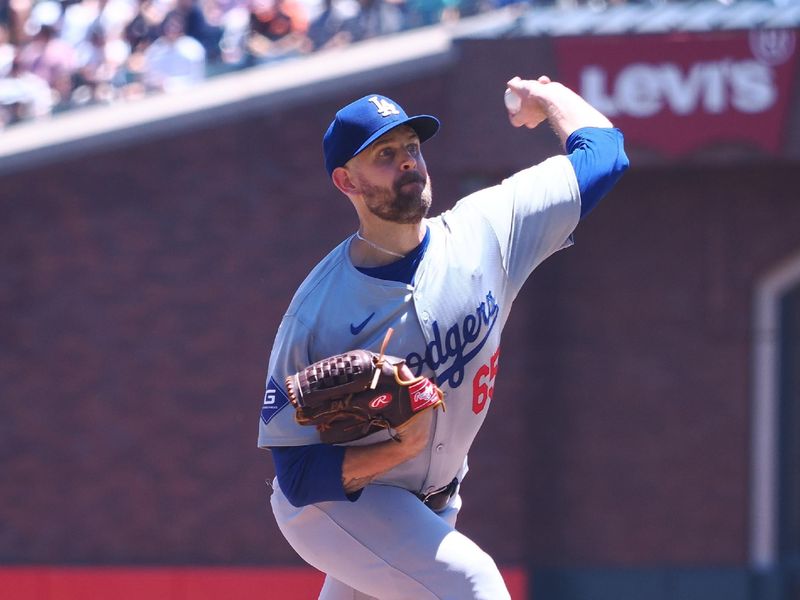 Jun 30, 2024; San Francisco, California, USA; Los Angeles Dodgers starting pitcher James Paxton (65) pitches the ball against the San Francisco Giants during the first inning at Oracle Park. Mandatory Credit: Kelley L Cox-USA TODAY Sports