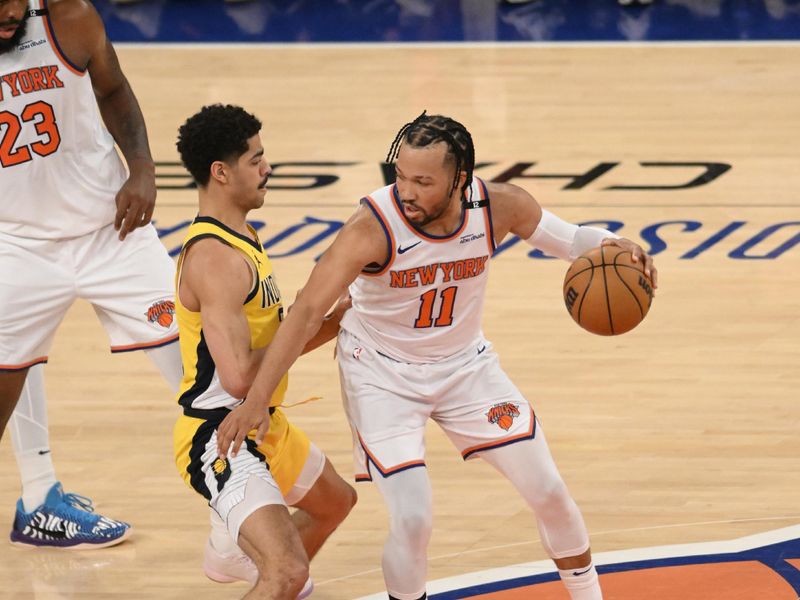 NEW YORK, NY - MAY 23: Jalen Brunson #11 of the New York Knicks drives to the basket during the game against the Indiana Pacers during Game Two of the 2025 Eastern Conference Finals on May 23, 2025 at Madison Square Garden in New York City, New York.  NOTE TO USER: User expressly acknowledges and agrees that, by downloading and or using this photograph, User is consenting to the terms and conditions of the Getty Images License Agreement. Mandatory Copyright Notice: Copyright 2025 NBAE  (Photo by David Dow/NBAE via Getty Images)