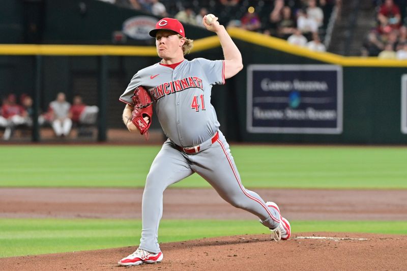May 15, 2024; Phoenix, Arizona, USA;  Cincinnati Reds pitcher Andrew Abbott (41) throws in the first inning against the Arizona Diamondbacks at Chase Field. Mandatory Credit: Matt Kartozian-USA TODAY Sports