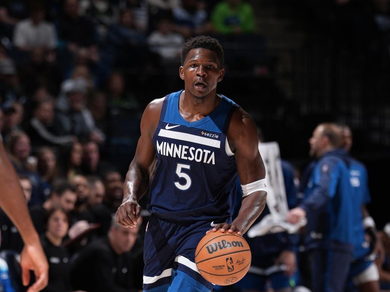 MINNEAPOLIS, MN -  JANUARY 6: Anthony Edwards #5 of the Minnesota Timberwolves handles the ball during the game against the LA Clippers on January 6, 2025 at Target Center in Minneapolis, Minnesota. NOTE TO USER: User expressly acknowledges and agrees that, by downloading and or using this Photograph, user is consenting to the terms and conditions of the Getty Images License Agreement. Mandatory Copyright Notice: Copyright 2025 NBAE (Photo by Jordan Johnson/NBAE via Getty Images)