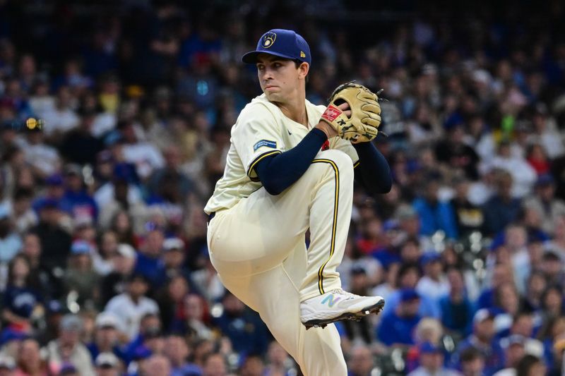 May 27, 2024; Milwaukee, Wisconsin, USA; Milwaukee Brewers starting pitcher Robert Gasser (54) throws a pitch in the first inning against the Chicago Cubs at American Family Field. Mandatory Credit: Benny Sieu-USA TODAY Sports