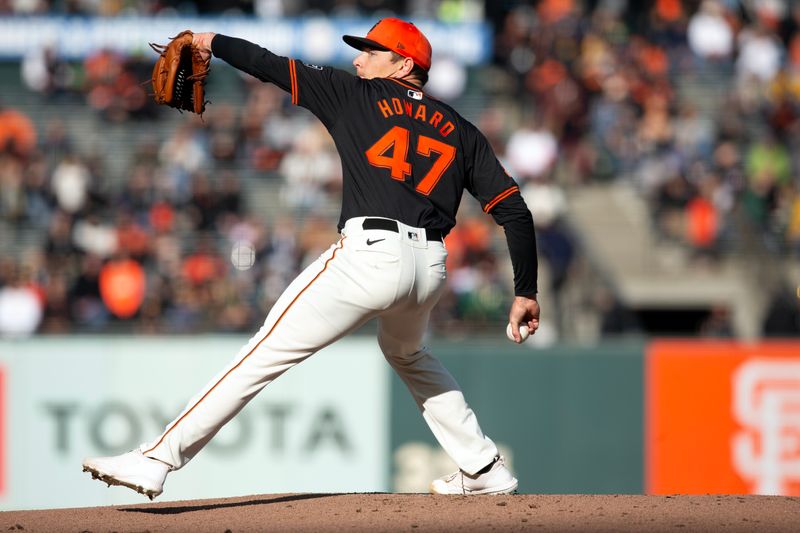 Mar 26, 2024; San Francisco, California, USA; San Francisco Giants starting pitcher Spencer Howard (47) delivers a pitch against the Oakland Athletics during the first inning at Oracle Park. Mandatory Credit: D. Ross Cameron-USA TODAY Sports