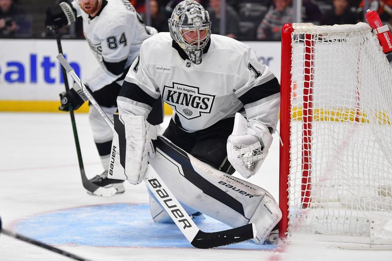 Nov 29, 2024; Anaheim, California, USA; Los Angeles Kings goaltender Erik Portillo (1) defends the goal against the Anaheim Ducks during the second period at Honda Center. Mandatory Credit: Gary A. Vasquez-Imagn Images