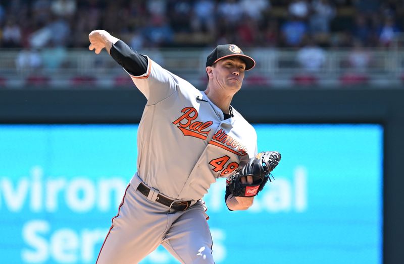 Jul 9, 2023; Minneapolis, Minnesota, USA; Baltimore Orioles starting pitcher Kyle Gibson (48) throws a pitch against the Minnesota Twins during the first inning at Target Field. Mandatory Credit: Jeffrey Becker-USA TODAY Sports