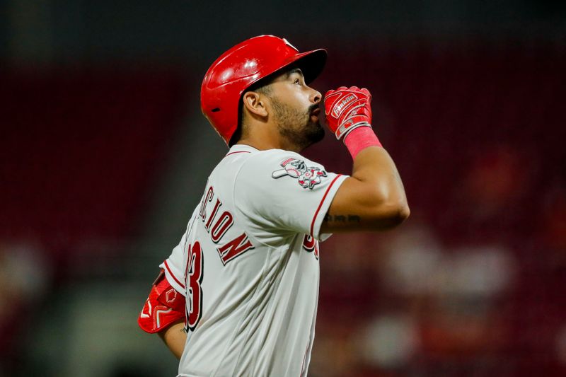 Sep 5, 2023; Cincinnati, Ohio, USA; Cincinnati Reds first baseman Christian Encarnacion-Strand (33) reacts after hitting a solo home run in the sixth inning against the Seattle Mariners at Great American Ball Park. Mandatory Credit: Katie Stratman-USA TODAY Sports