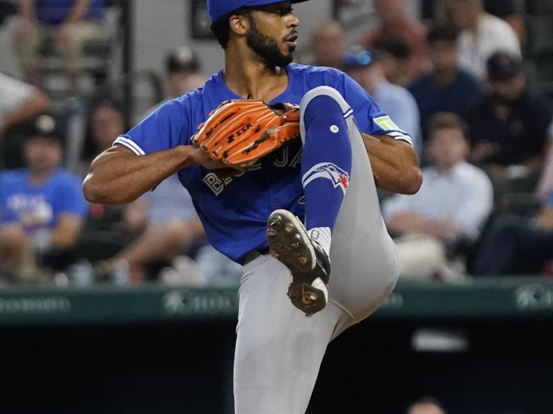 Sep 19, 2024; Arlington, Texas, USA; Toronto Blue Jays Dillon Tate (33) throws to the plate during the sixth inning against the Texas Rangers at Globe Life Field. Mandatory Credit: Raymond Carlin III-Imagn Images
