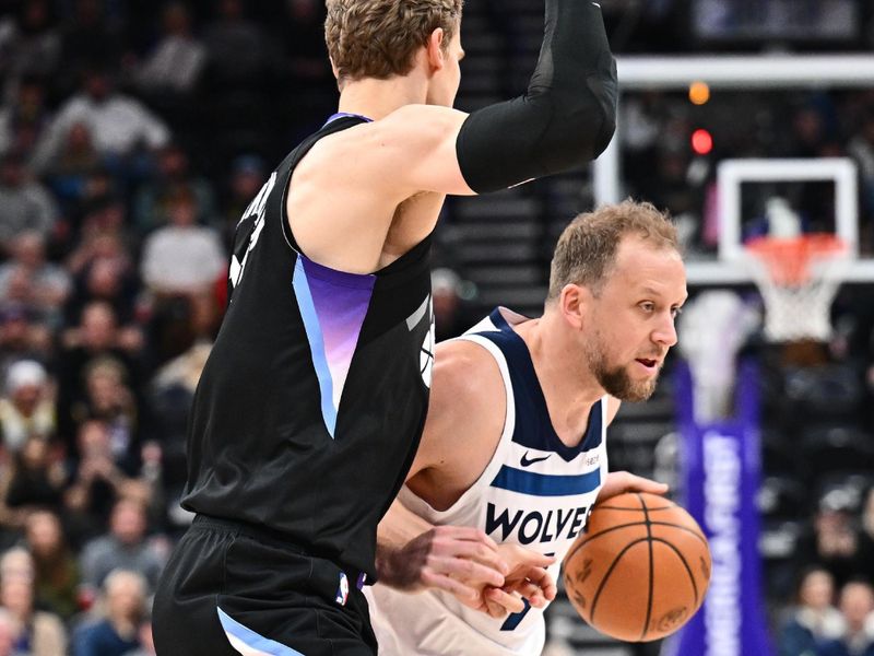 SALT LAKE CITY, UT - JANUARY 30: Joe Ingles #7 of the Minnesota Timberwolves dribbles the ball during the game against the Utah Jazz on January 30, 2025 at Delta Center in Salt Lake City, Utah. NOTE TO USER: User expressly acknowledges and agrees that, by downloading and or using this Photograph, User is consenting to the terms and conditions of the Getty Images License Agreement. Mandatory Copyright Notice: Copyright 2025 NBAE (Photo by Melissa Majchrzak/NBAE via Getty Images)