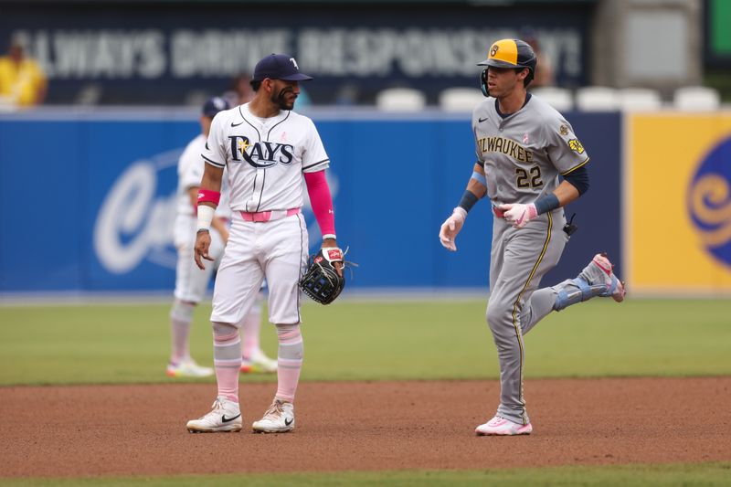 May 11, 2025; Tampa, Florida, USA; Milwaukee Brewers designated hitter Christian Yelich (22) runs the bases after hitting a home run against the Tampa Bay Rays in the fourth inning at George M. Steinbrenner Field. Mandatory Credit: Nathan Ray Seebeck-Imagn Images