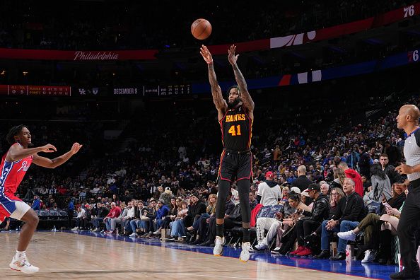 PHILADELPHIA, PA - DECEMBER 8: Saddiq Bey #41 of the Atlanta Hawks shoots the ball during the game against the Philadelphia 76ers on December 8, 2023 at the Wells Fargo Center in Philadelphia, Pennsylvania NOTE TO USER: User expressly acknowledges and agrees that, by downloading and/or using this Photograph, user is consenting to the terms and conditions of the Getty Images License Agreement. Mandatory Copyright Notice: Copyright 2023 NBAE (Photo by Jesse D. Garrabrant/NBAE via Getty Images)