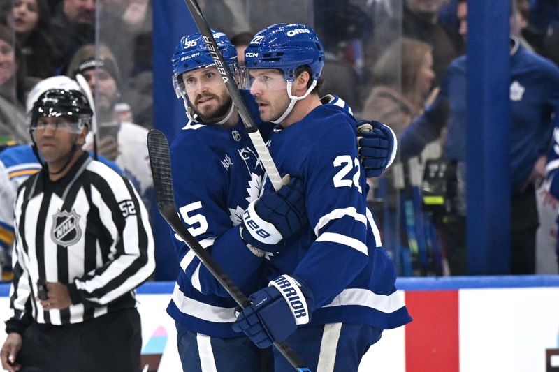 Nov 18, 2025; Toronto, Ontario, CAN; Toronto Maple Leafs defenseman Jake McCabe (22) celebrates with defenseman Oliver Ekman-Larson (95) after scoring a goal against the St. Louis Blues in the first period at Scotiabank Arena. Mandatory Credit: Dan Hamilton-Imagn Images Nov 18, 2025; Toronto, Ontario, CAN; Toronto Maple Leafs defenseman Jake McCabe (22) celebrates with defenseman Oliver Ekman-Larson (95) after scoring a goal against the St. Louis Blues in the first period at Scotiabank Arena. Mandatory Credit: Dan Hamilton-Imagn Images
