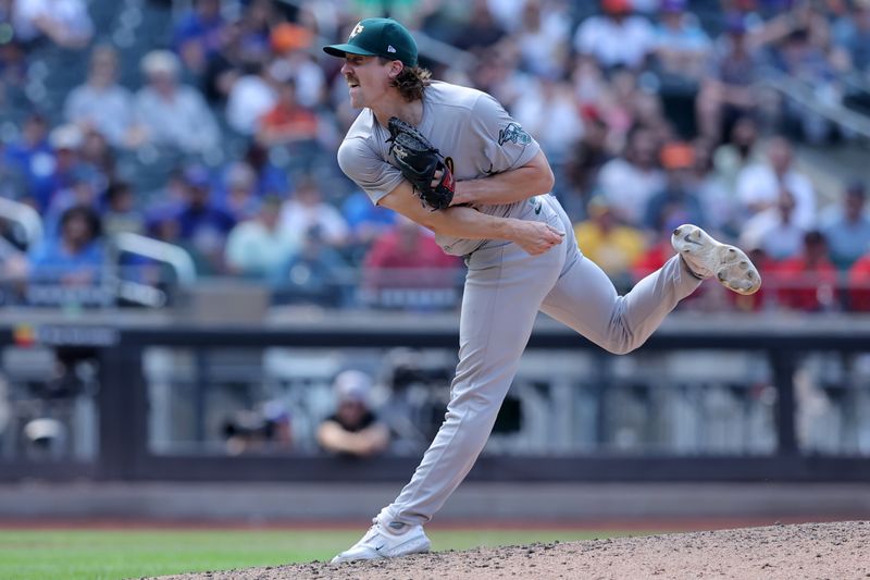 Aug 15, 2024; New York City, New York, USA; Oakland Athletics relief pitcher Tyler Ferguson (65) follows through on a pitch against the New York Mets during the sixth inning at Citi Field. Mandatory Credit: Brad Penner-USA TODAY Sports