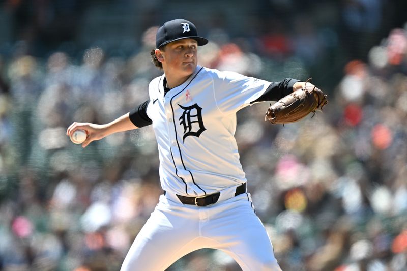 May 11, 2025; Detroit, Michigan, USA; Detroit Tigers starting pitcher Reese Olson (45) throws a pitch against the Texas Rangers in the first inning at Comerica Park. Mandatory Credit: Lon Horwedel-Imagn Images