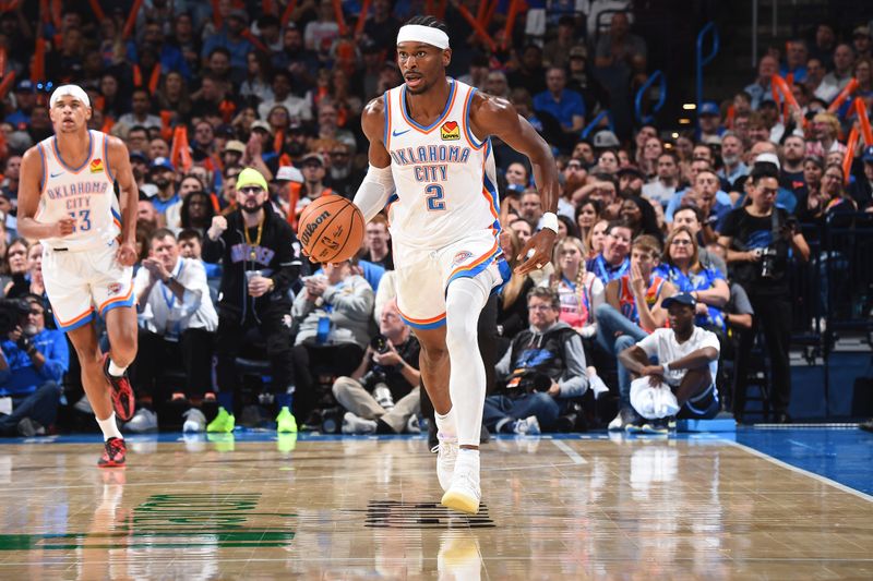 OKLAHOMA CITY, OK - OCTOBER 30: Shai Gilgeous-Alexander #2 of the Oklahoma City Thunder dribbles the ball during the game against the San Antonio Spurs on October 30, 2024 at Paycom Center in Oklahoma City, Oklahoma. NOTE TO USER: User expressly acknowledges and agrees that, by downloading and or using this photograph, User is consenting to the terms and conditions of the Getty Images License Agreement. Mandatory Copyright Notice: Copyright 2024 NBAE (Photo by Brian Babineau/NBAE via Getty Images)