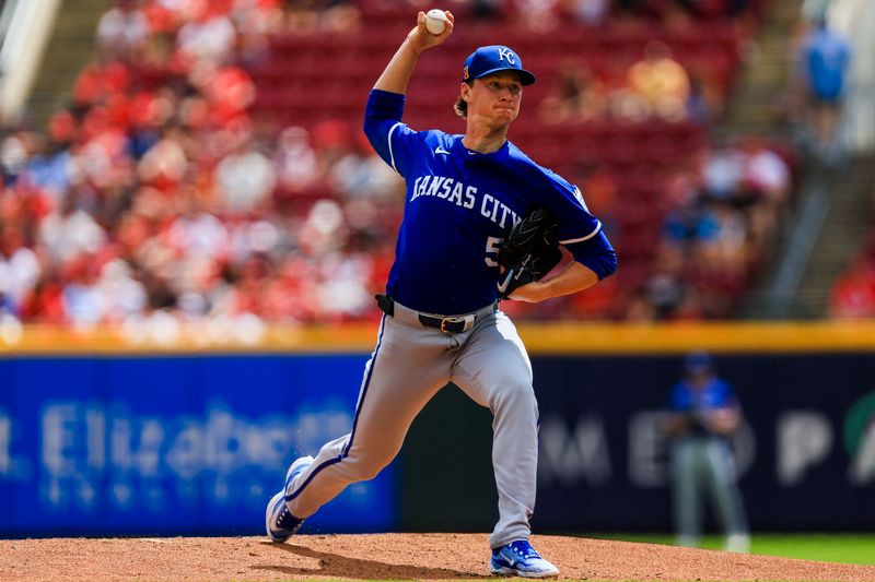 Aug 18, 2024; Cincinnati, Ohio, USA; Kansas City Royals starting pitcher Brady Singer (51) pitches against the Cincinnati Reds in the first inning at Great American Ball Park. Mandatory Credit: Katie Stratman-USA TODAY Sports