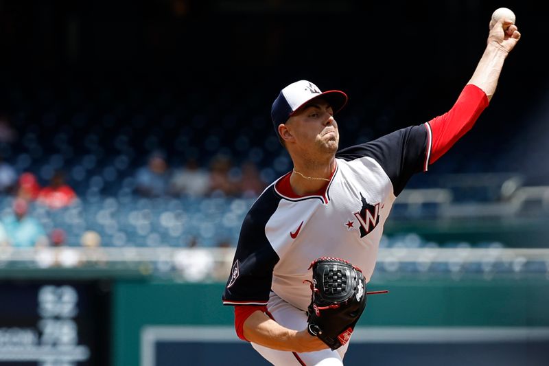 Jun 20, 2024; Washington, District of Columbia, USA; Washington Nationals starting pitcher MacKenzie Gore (1) pitches against the Arizona Diamondbacks during the first inning at Nationals Park. Mandatory Credit: Geoff Burke-USA TODAY Sports