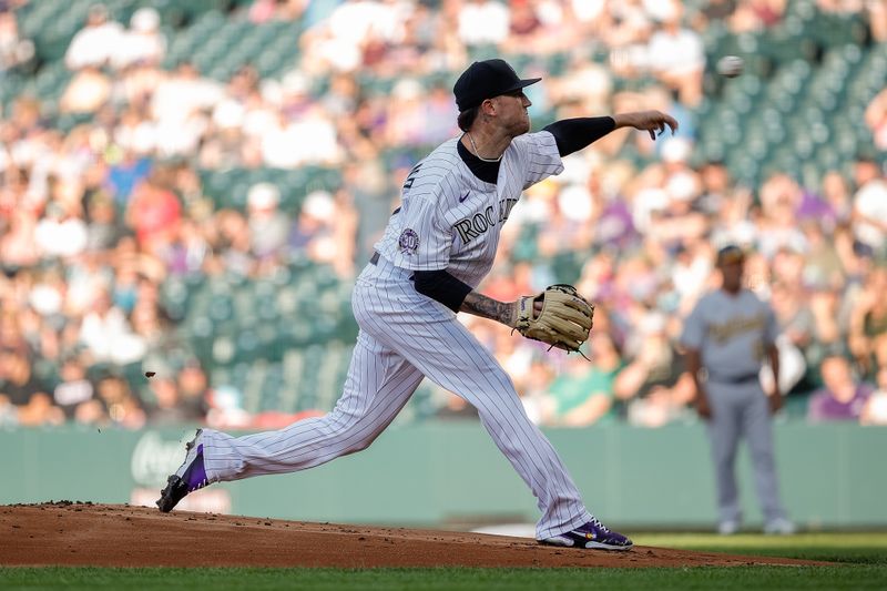 Jul 28, 2023; Denver, Colorado, USA; Colorado Rockies starting pitcher Kyle Freeland (21) pitches in the first inning against the Oakland Athletics at Coors Field. Mandatory Credit: Isaiah J. Downing-USA TODAY Sports