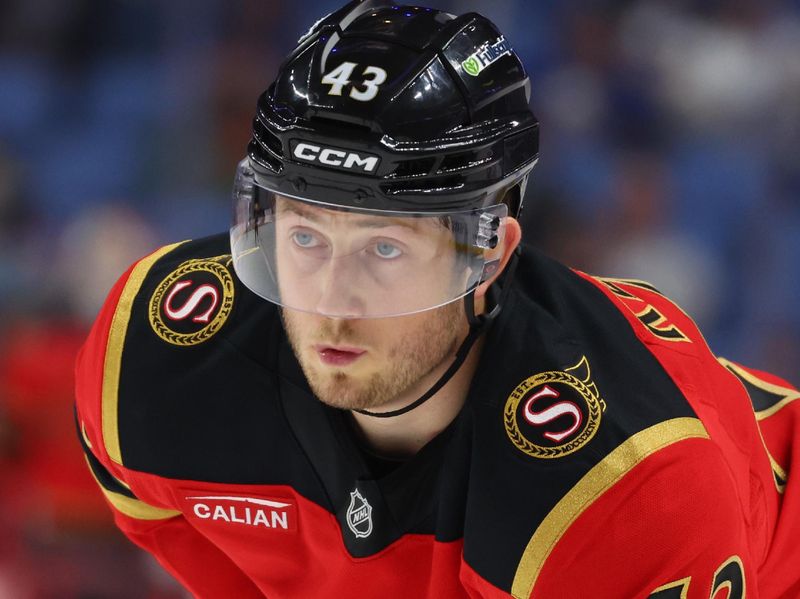 Oct 15, 2025; Buffalo, New York, USA;  Ottawa Senators defenseman Tyler Kleven (43) waits for the face-off during the third period against the Buffalo Sabres at KeyBank Center. Mandatory Credit: Timothy T. Ludwig-Imagn Images