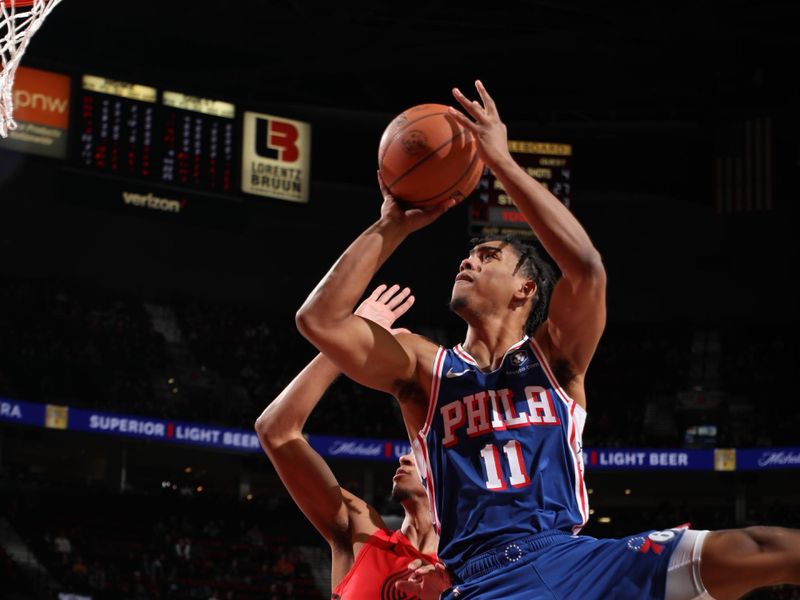 PORTLAND, OR - JANUARY 29: Jaden Springer #11 of the Philadelphia 76ers shoots the ball during the game against the Portland Trail Blazers on January 29, 2024 at the Moda Center Arena in Portland, Oregon. NOTE TO USER: User expressly acknowledges and agrees that, by downloading and or using this photograph, user is consenting to the terms and conditions of the Getty Images License Agreement. Mandatory Copyright Notice: Copyright 2024 NBAE (Photo by Cameron Browne/NBAE via Getty Images)