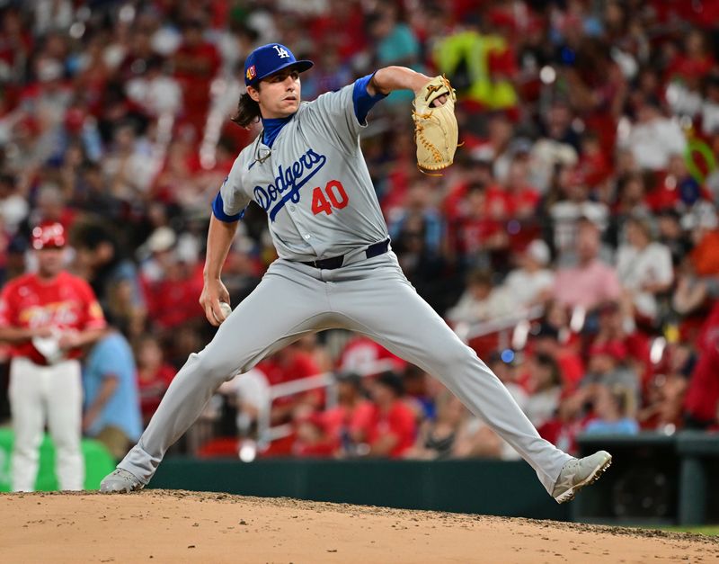 Aug 17, 2024; St. Louis, Missouri, USA; Los Angeles Dodgers pitcher Brent Honeywell (40) pitches in relief against the St. Louis Cardinals in the eighth inning at Busch Stadium. Mandatory Credit: Tim Vizer-USA TODAY Sports