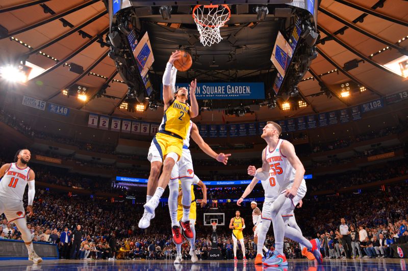 NEW YORK, NY - MAY 19: Andrew Nembhard #2 of the Indiana Pacers drives to the basket during the game against the New York Knicks during Round 2 Game 7 of the 2024 NBA Playoffs on May 19, 2024 at Madison Square Garden in New York City, New York.  NOTE TO USER: User expressly acknowledges and agrees that, by downloading and or using this photograph, User is consenting to the terms and conditions of the Getty Images License Agreement. Mandatory Copyright Notice: Copyright 2024 NBAE  (Photo by Jesse D. Garrabrant/NBAE via Getty Images)