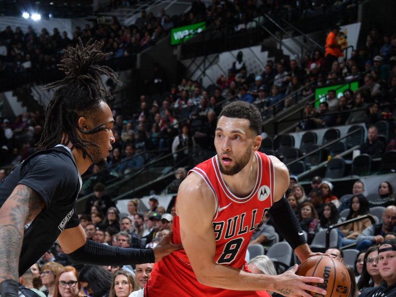 SAN ANTONIO, TX - DECEMBER 5: Zach LaVine #8 of the Chicago Bulls handles the ball during the game against the San Antonio Spurs on December 5, 2024 at the Frost Bank Center in San Antonio, Texas. NOTE TO USER: User expressly acknowledges and agrees that, by downloading and or using this photograph, user is consenting to the terms and conditions of the Getty Images License Agreement. Mandatory Copyright Notice: Copyright 2024 NBAE (Photos by Michael Gonzales/NBAE via Getty Images)