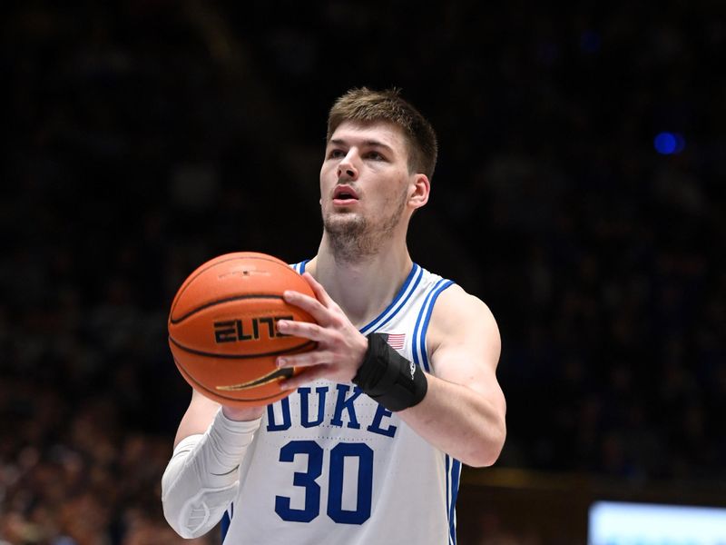 Jan 13, 2024; Durham, North Carolina, USA;  Duke Blue Devils center Kyle Filipowski (30) shoots a free throw during the second half against the Georgia Tech Yellow Jackets at Cameron Indoor Stadium.  The Blue Devils won 84-79. Mandatory Credit: Rob Kinnan-USA TODAY Sports