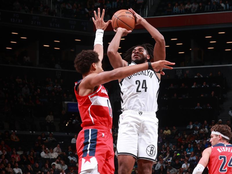 BROOKLYN, NY - OCTOBER 14: Cam Thomas #24 of the Brooklyn Nets shoots the ball during the game against the Washington Wizards during a NBA preseason game on October 14, 2024 at Barclays Center in Brooklyn, New York. NOTE TO USER: User expressly acknowledges and agrees that, by downloading and or using this Photograph, user is consenting to the terms and conditions of the Getty Images License Agreement. Mandatory Copyright Notice: Copyright 2024 NBAE (Photo by Nathaniel S. Butler/NBAE via Getty Images)