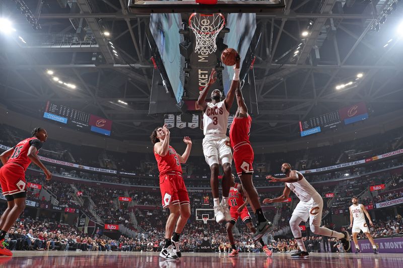 CLEVELAND, OH - OCTOBER 8: Caris LeVert #3 of the Cleveland Cavaliers drives to the basket during the game against the Chicago Bulls on October 8, 2024 at Rocket Mortgage FieldHouse in Cleveland, Ohio. NOTE TO USER: User expressly acknowledges and agrees that, by downloading and/or using this Photograph, user is consenting to the terms and conditions of the Getty Images License Agreement. Mandatory Copyright Notice: Copyright 2024 NBAE (Photo by Jeff Haynes/NBAE via Getty Images)