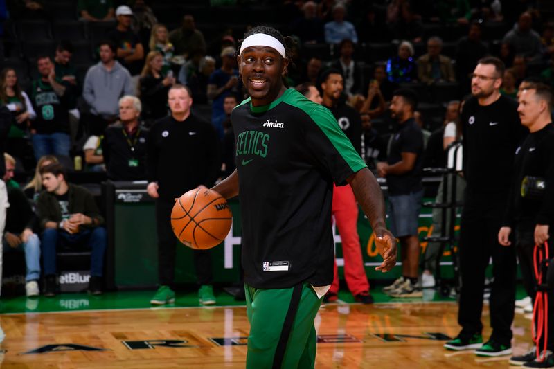 BOSTON, MA - OCTOBER 12: Jrue Holiday #4 of the Boston Celtics smiles before the game against the Philadelphia 76ers during a NBA Preseason game on October 12, 2024 at TD Garden in Boston, Massachusetts. NOTE TO USER: User expressly acknowledges and agrees that, by downloading and/or using this Photograph, user is consenting to the terms and conditions of the Getty Images License Agreement. Mandatory Copyright Notice: Copyright 2024 NBAE (Photo by Brian Babineau/NBAE via Getty Images)