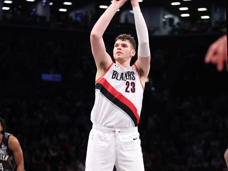 BROOKLYN, NY - FEBRUARY 28:  Donovan Clingan #23 of the Portland Trail Blazers shoots a free throw during the game against the Brooklyn Nets on February 28, 2025 at Barclays Center in Brooklyn, New York. NOTE TO USER: User expressly acknowledges and agrees that, by downloading and or using this Photograph, user is consenting to the terms and conditions of the Getty Images License Agreement. Mandatory Copyright Notice: Copyright 2025 NBAE (Photo by Brandon Todd/NBAE via Getty Images)