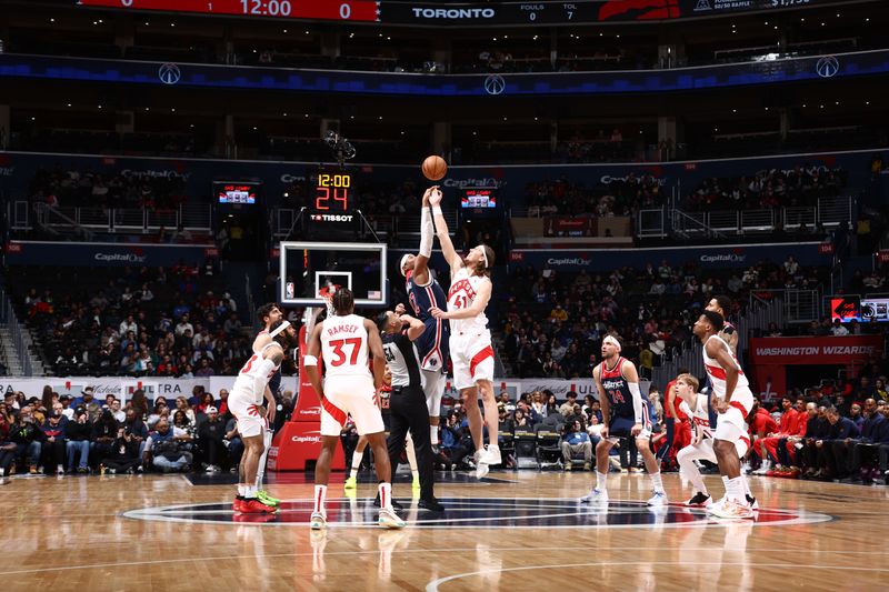 WASHINGTON, DC -? MARCH 23:  Opening tip-off between Richaun Holmes #22 of the Washington Wizards & Kelly Olynyk #41 of the Toronto Raptors on March 23, 2024 at Capital One Arena in Washington, DC. NOTE TO USER: User expressly acknowledges and agrees that, by downloading and or using this Photograph, user is consenting to the terms and conditions of the Getty Images License Agreement. Mandatory Copyright Notice: Copyright 2024 NBAE (Photo by Kenny Giarla/NBAE via Getty Images)