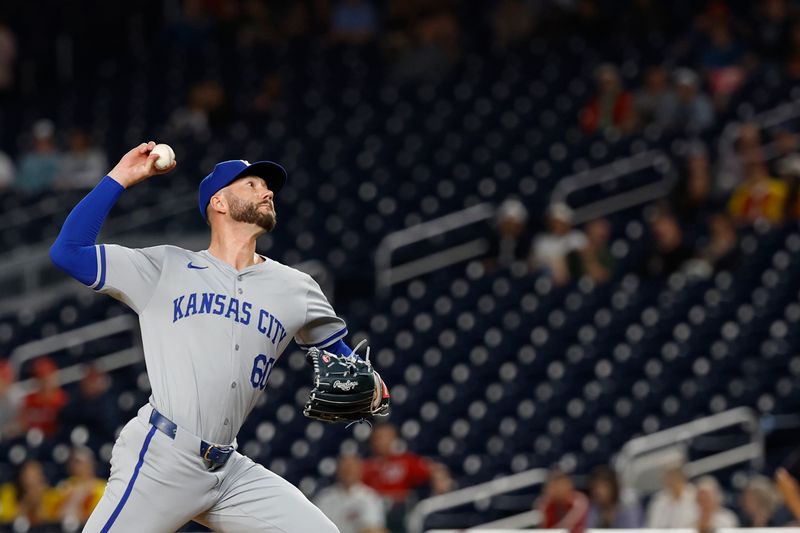 Sep 25, 2024; Washington, District of Columbia, USA; Kansas City Royals pitcher Lucas Erceg (60) pitches against the Washington Nationals during the ninth inning at Nationals Park. Mandatory Credit: Geoff Burke-Imagn Images